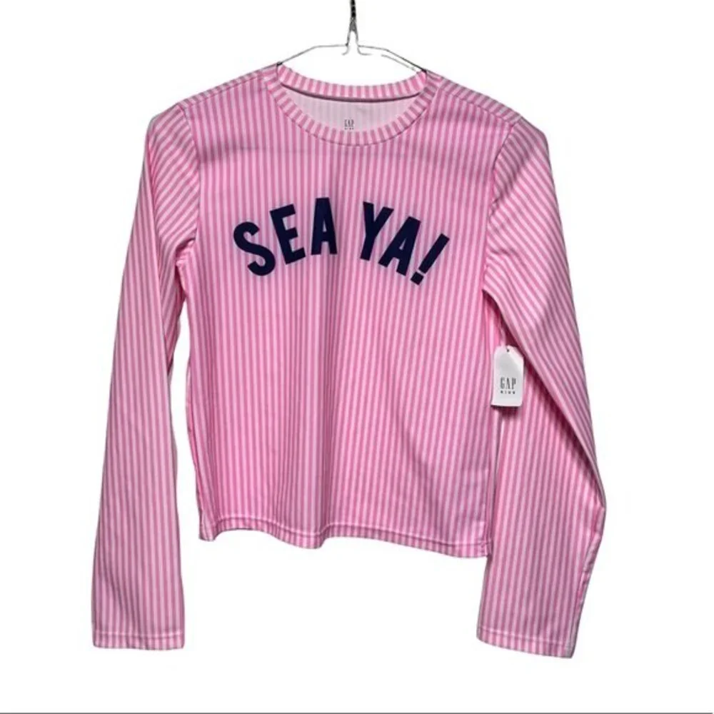 Gap Kids Sea Ya Graphic Rash Guard Swim Shirt Long Sleeves Pink White Stripes XX